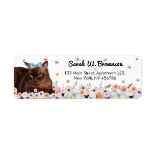 Birmese bruine kat blauwe bowlingbloemen etiket