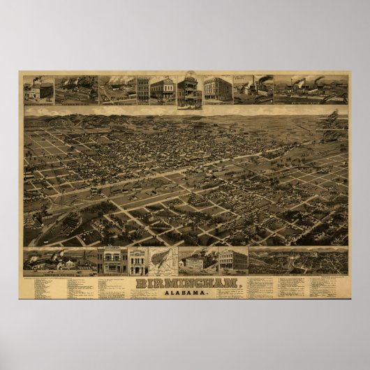 Birmingham, AL Panoramic Map Birds Eye Uitzicht Poster (Voorkant)
