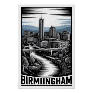 Birmingham Alabama Silhouette Zwart Wit Houtsnede Perfect Poster