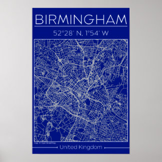 Birmingham Blauwdruk Stadkaart Poster Minimaal Wan