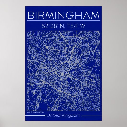 Birmingham Blauwdruk Stadkaart Poster Minimaal Wan (Voorkant)
