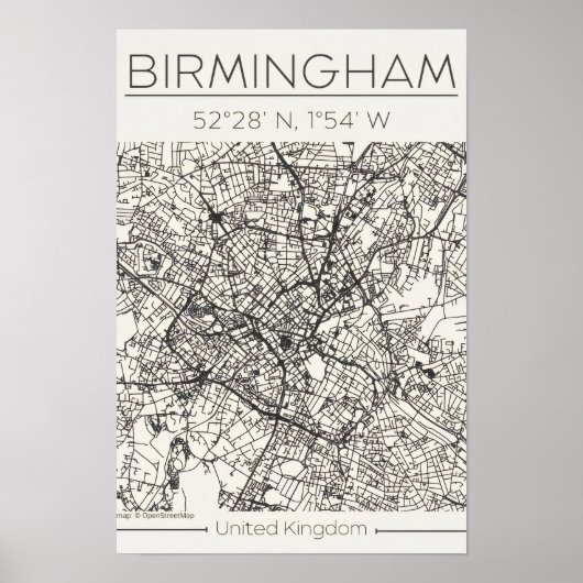 Birmingham Stadkaart Poster – Modern Minimaal Sted (Voorkant)