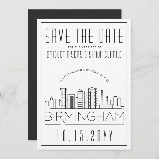 Birmingham Wedding Stylized Skyline Save the Date Kaart (Voorkant / Achterkant)