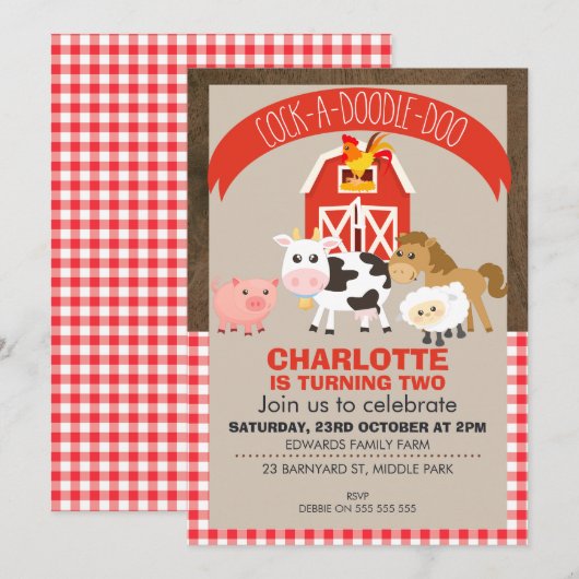 Birmyard Barnyard Animals Birthday Invitation Kaart (Voorkant / Achterkant)
