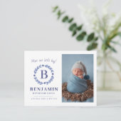 Birth Announcement Briefkaart, Boys monogram Briefkaart (Staand voorkant)