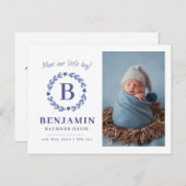 Birth Announcement Briefkaart, Boys monogram Briefkaart (Voorkant / Achterkant)