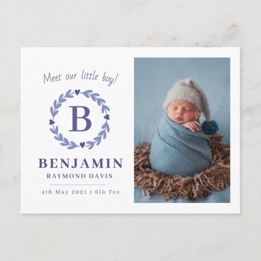 Birth Announcement Briefkaart, Boys monogram Briefkaart (Voorkant)