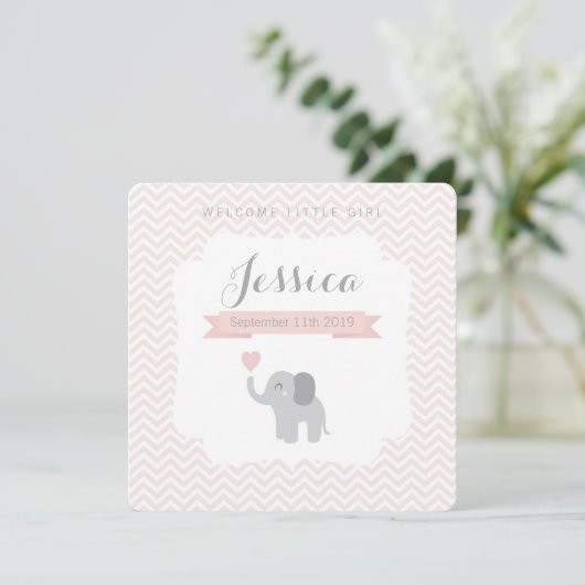 Birth Announcement Girl Elephant Chevron Cute Aankondiging (Staand voorkant)