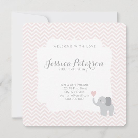 Birth Announcement Girl Elephant Chevron Cute Aankondiging (Achterkant)