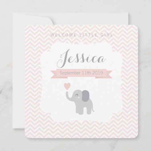 Birth Announcement Girl Elephant Chevron Cute Aankondiging (Voorkant)