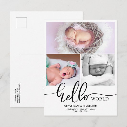 Birth Announcement Hello World Photo Collage Aankondigingskaart (Voorkant / Achterkant)