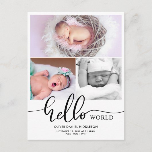 Birth Announcement Hello World Photo Collage Aankondigingskaart (Voorkant)