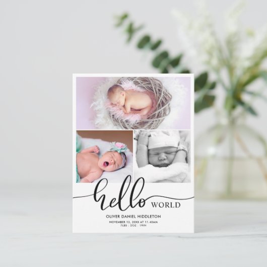 Birth Announcement Hello World Photo Collage Aankondigingskaart (Staand voorkant)