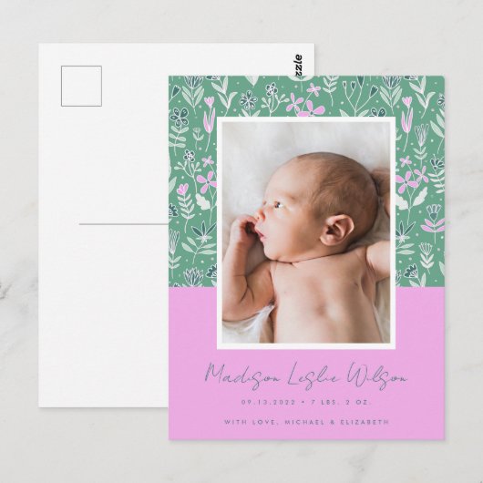 BIRTH ANNOUNCEMENT Pastel Floral Briefkaart (Voorkant / Achterkant)