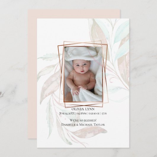 BIRTH ANNOUNCEMENT Pastel Waterverf Wispy Foliage Kaart (Voorkant / Achterkant)