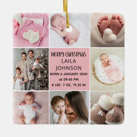 Birth Announcment Personalize 8 Photo christmas Keramisch Ornament (Voorkant)
