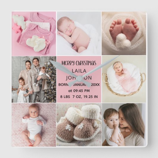  Birth Announcment Personalize 8 Photo christmas Vierkante Klok (Voorkant)