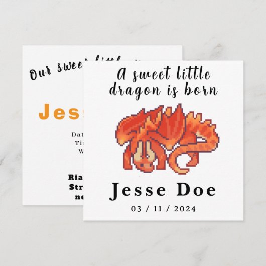 Birth Boy Card Cute Dragon pixel art (Voorkant / Achterkant)