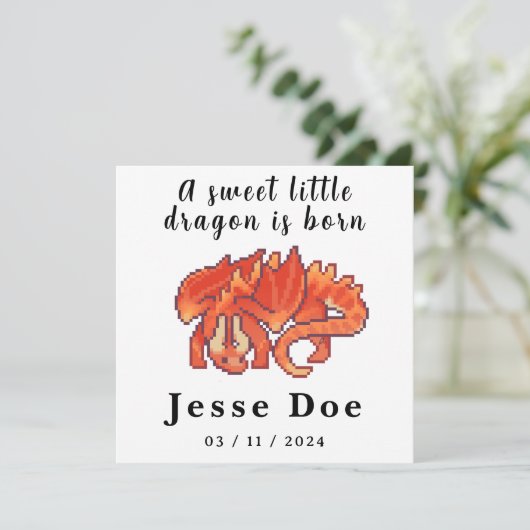 Birth Boy Card Cute Dragon pixel art (Staand voorkant)
