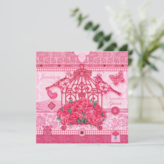 Birth Flower and Gem January Birdcage Kaart (Staand voorkant)