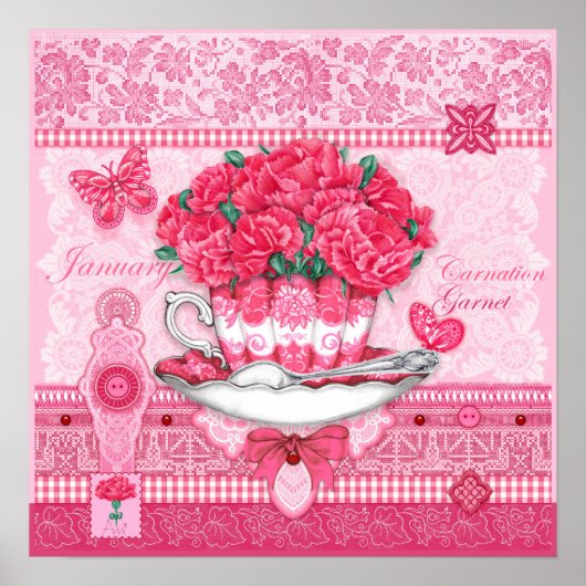 Birth Flower and Gem January Teacup Poster (Voorkant)