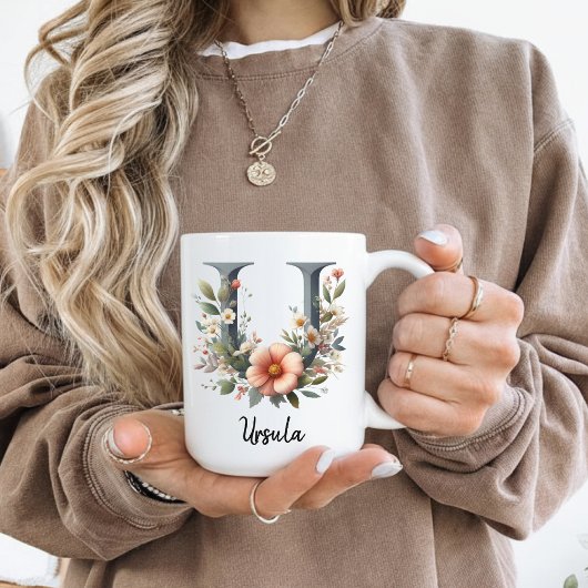 Birth Flower Coffee Mug, Custom Floral Initial Mug Koffiemok