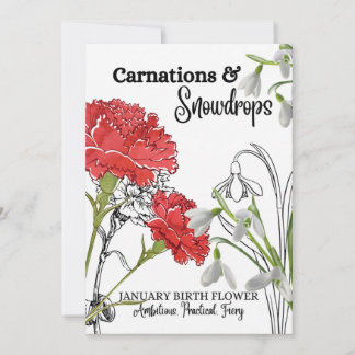 Birth Flower Kaart, januari, anjer, sneeuwval Feestdagenkaart