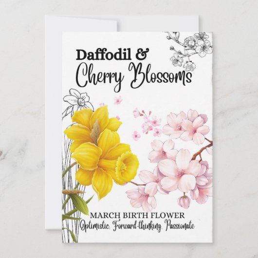 Birth Flower Kaart, March, Daffodil, Cherry Blosso Feestdagenkaart (Voorkant)