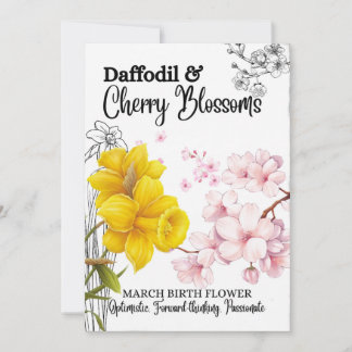 Birth Flower Kaart, March, Daffodil, Cherry Blosso Feestdagenkaart