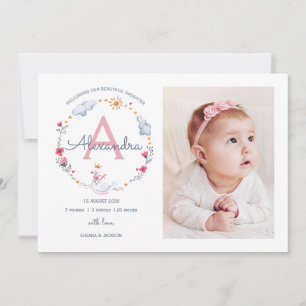 Birth koningsmonogram prinses swan bedankkaart