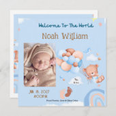 BIRTH PHOTO ANNOUNCEMENT- TEDDY BEAR BALOONS KAART (Voorkant / Achterkant)
