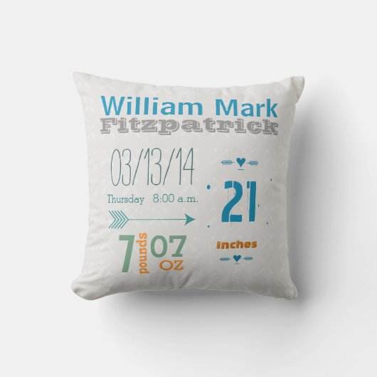 Birth Record Boys Nursery Birth Stats Kussen (Voorkant)