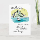 Birth Son Sailboat City Birthday Kaart<br><div class="desc">Ik wens je zoon een heel gelukkige verjaardag met deze leuke illustratie. Hij zal je bericht graag ontvangen met deze mooie zeilboot op een zonnige dag.</div>