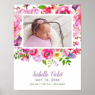 Birth Stat Foto van Bright Blooms Baby Girl Poster