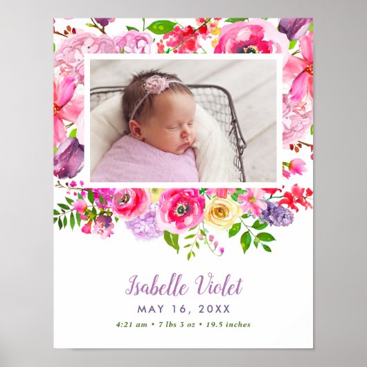 Birth Stat Foto van Bright Blooms Baby Girl Poster (Voorkant)