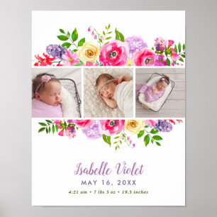 Birth Stat Foto van Bright Blooms Baby Girl Poster