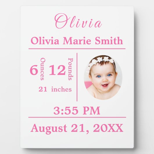 Birth Statistics Baby Girl Photo Nursery Decor Fotoplaat (Voorkant)
