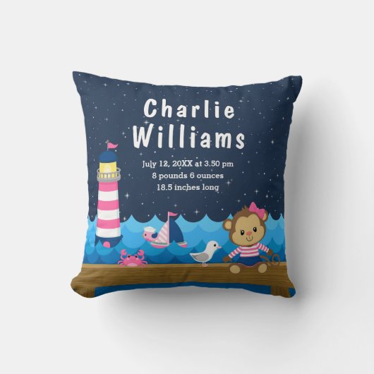 Birth Statistics Nautical Girl Monkey Pink Navy Kussen (Voorkant)