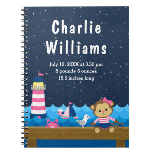 Birth Statistics Nautical Girl Monkey Pink Navy Notitieboek