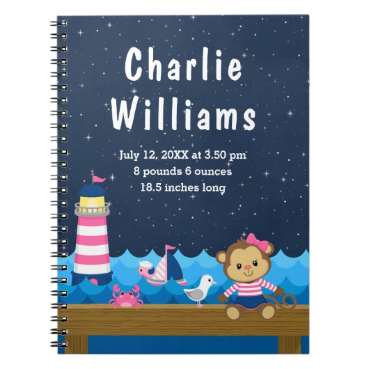 Birth Statistics Nautical Girl Monkey Pink Navy Notitieboek (Voorkant)