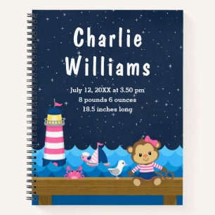 Birth Statistics Nautical Girl Monkey Pink Navy Notitieboek
