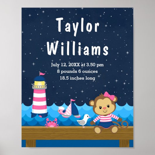 Birth Statistics Nautical Girl Monkey Pink Navy Poster (Voorkant)