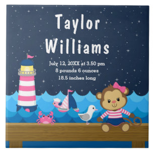 Birth Statistics Nautical Girl Monkey Pink Navy Tegeltje