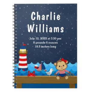 Birth Statistics Nautical Girl Monkey Red Navy Notitieboek