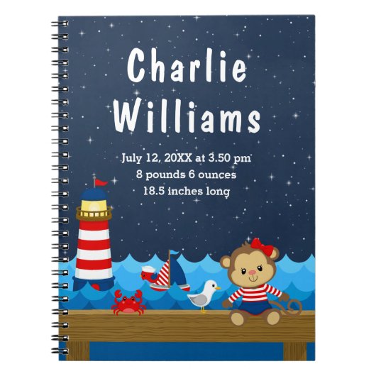 Birth Statistics Nautical Girl Monkey Red Navy Notitieboek (Voorkant)