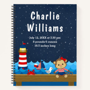 Birth Statistics Nautical Girl Monkey Red Navy Notitieboek