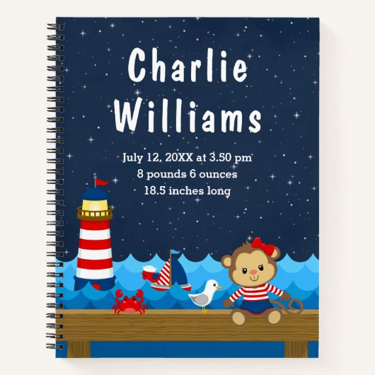 Birth Statistics Nautical Girl Monkey Red Navy Notitieboek (Voorkant)