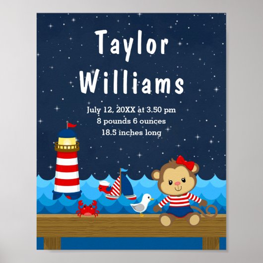 Birth Statistics Nautical Girl Monkey Red Navy Poster (Voorkant)