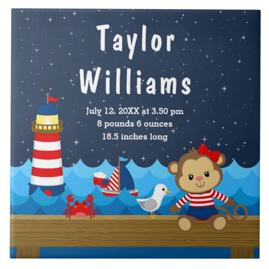 Birth Statistics Nautical Girl Monkey Red Navy Tegeltje (Voorkant)