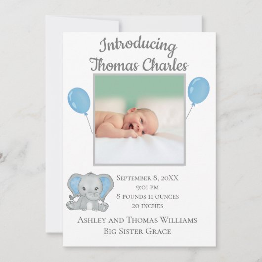 Birth Stats Baby Boy Blue Elephant Baby Aankondiging (Voorkant)